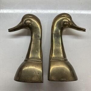 VTG Brass Bookends Mallard Duck Head Pair‎  Mid Century Brass Decor Heavy  MCM